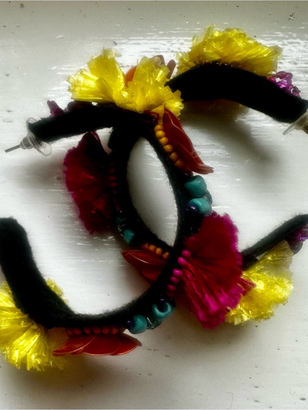 Handcrafted Frida Kahlo Inspired Black Hoop Earrings with Colorful Flowers